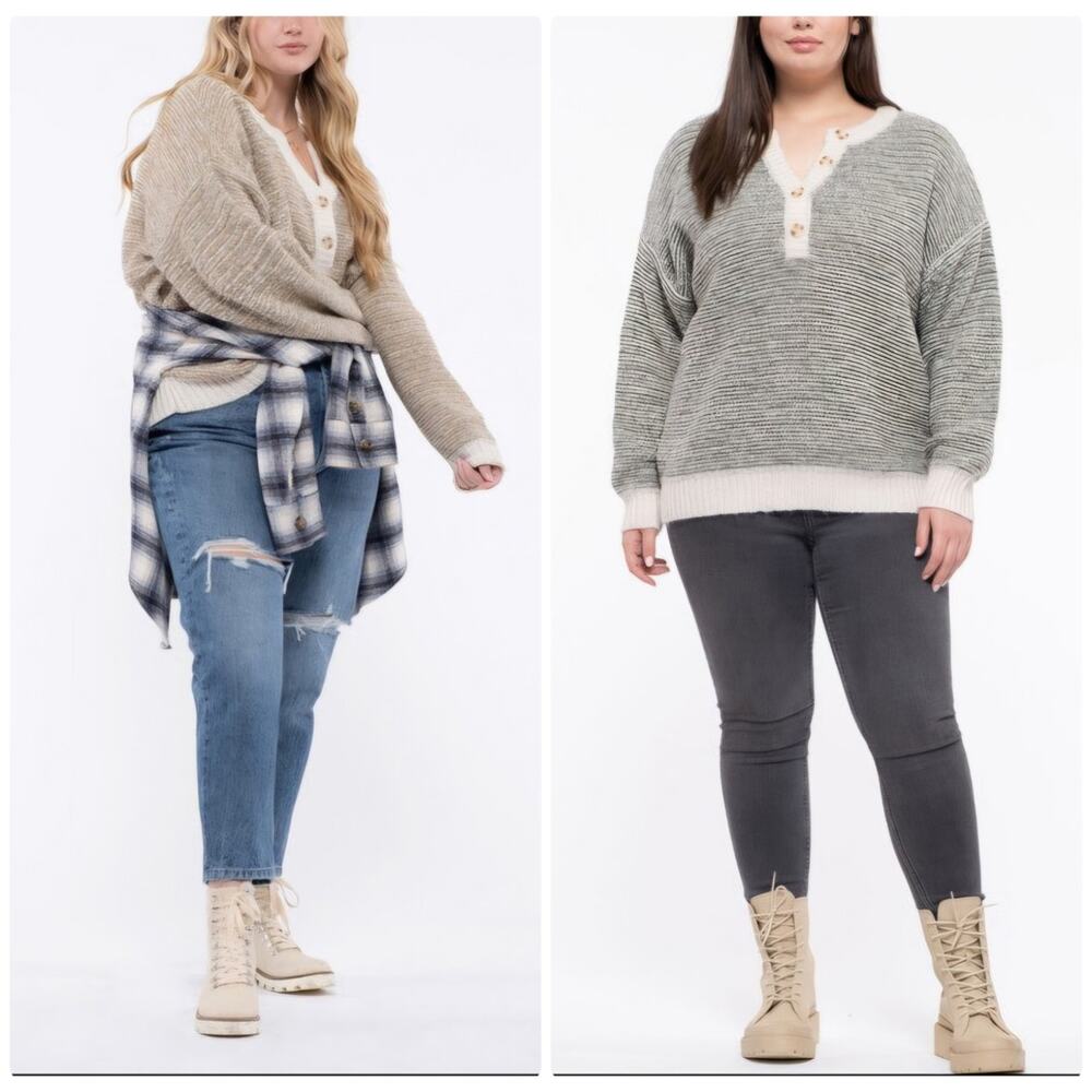 By The River Small OVERSIZED Sweater Henley Button Front CreamOlive Pullover